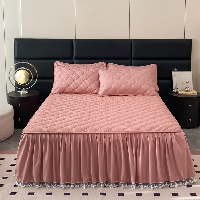 91家纺网 家纺一手货源 找家纺 笠裙家纺 2024新款A类原棉夹大豆棉加厚刺绣四叶草款系列床裙 四叶草-豆沙