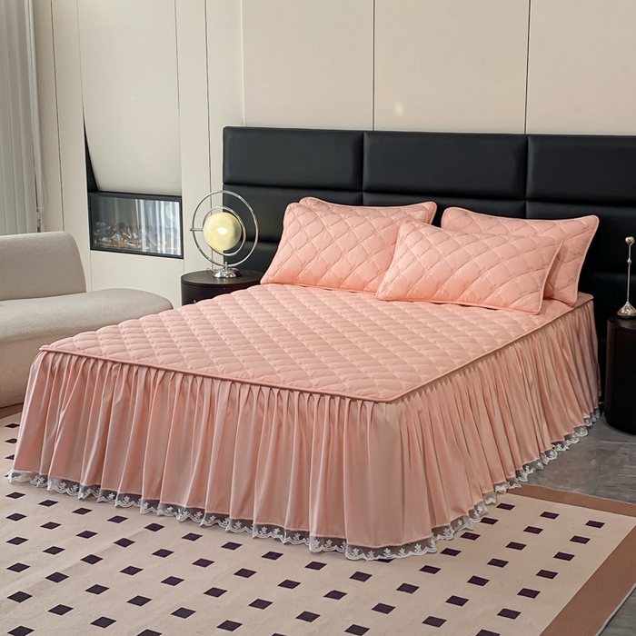 91家纺网 家纺一手货源 找家纺 笠裙家纺 2024新款A类原棉夹大豆棉加厚刺绣四叶草款系列床裙 四叶草-淡粉