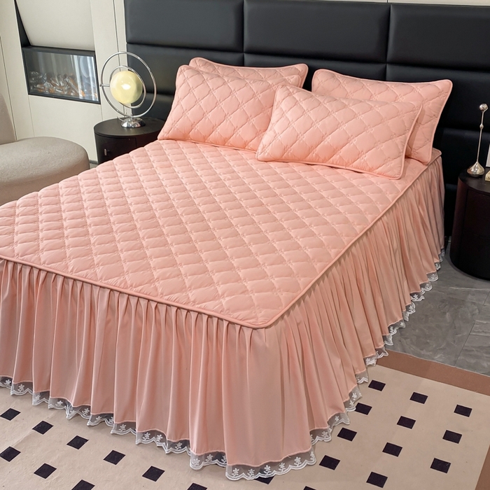 91家纺网 家纺一手货源 找家纺 笠裙家纺 2024新款A类原棉夹大豆棉加厚刺绣四叶草款系列床裙 四叶草-淡粉