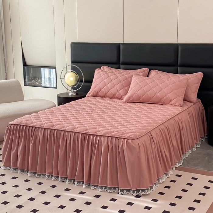 91家纺网 家纺一手货源 找家纺 笠裙家纺 2024新款A类原棉夹大豆棉加厚刺绣四叶草款系列床裙 四叶草-豆沙