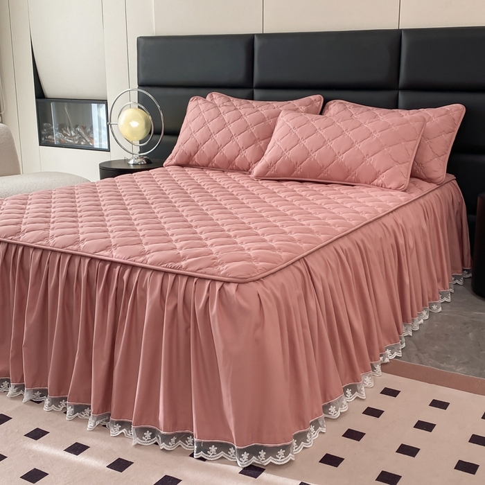 91家纺网 家纺一手货源 找家纺 笠裙家纺 2024新款A类原棉夹大豆棉加厚刺绣四叶草款系列床裙 四叶草-豆沙