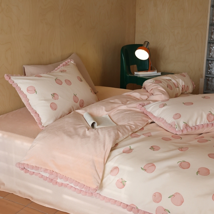 91家纺网 家纺一手货源 找家纺 棉眠 2024新款AB版毛球款棉加绒四件套 甜桃（棉加绒）