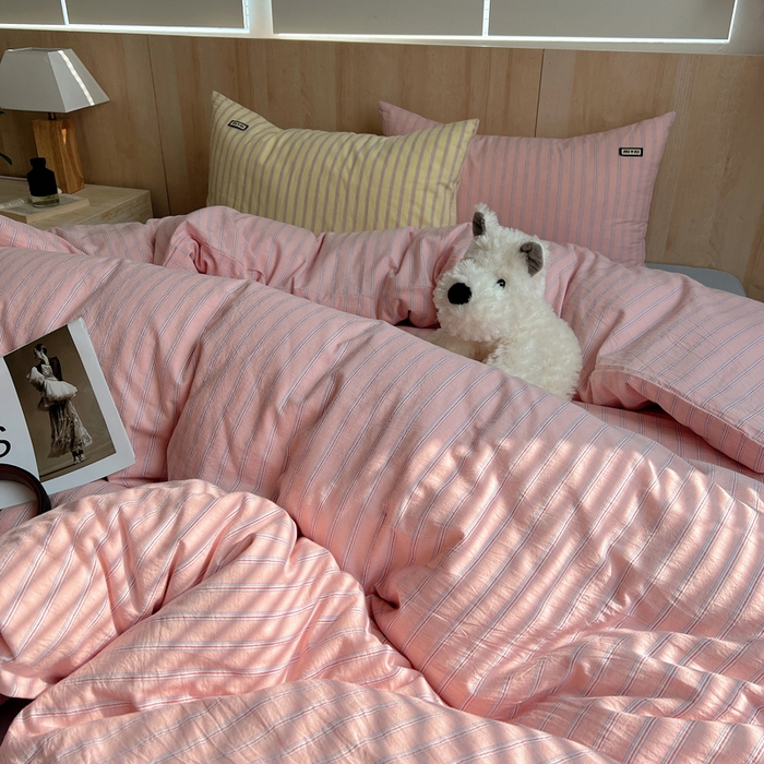 91家纺网 家纺一手货源 找家纺 玛奇朵 2024新款多巴胺INS博主同款全棉色织条纹混搭-布拉格 布拉格-粉