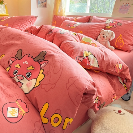 雅居纺 2024新款高密全棉13070印花四件套 龙瑞红