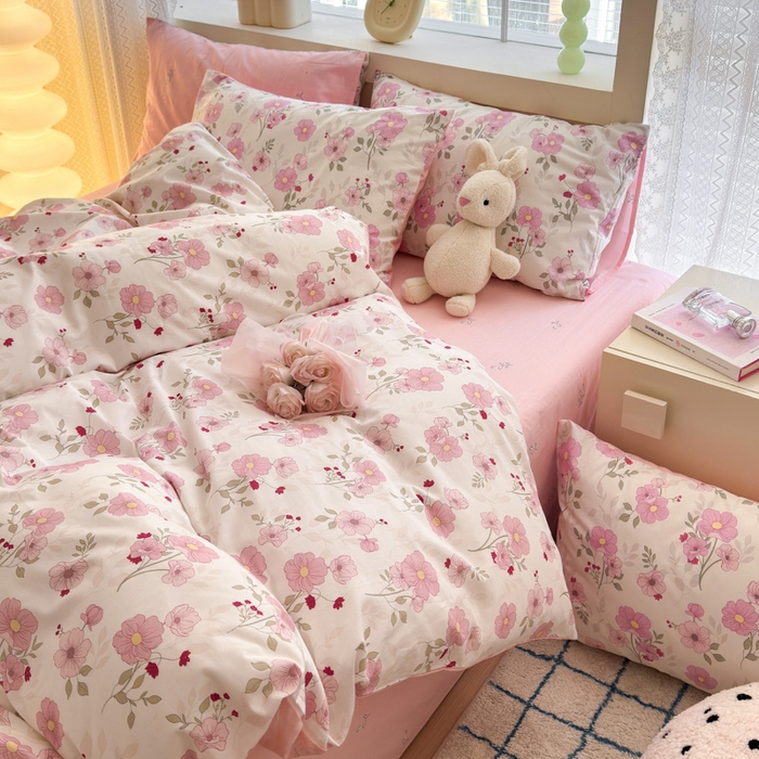 91家纺网 家纺一手货源 找家纺 清雅福 2024新款全棉13372小清新四件套-第三季 花漫蹊粉