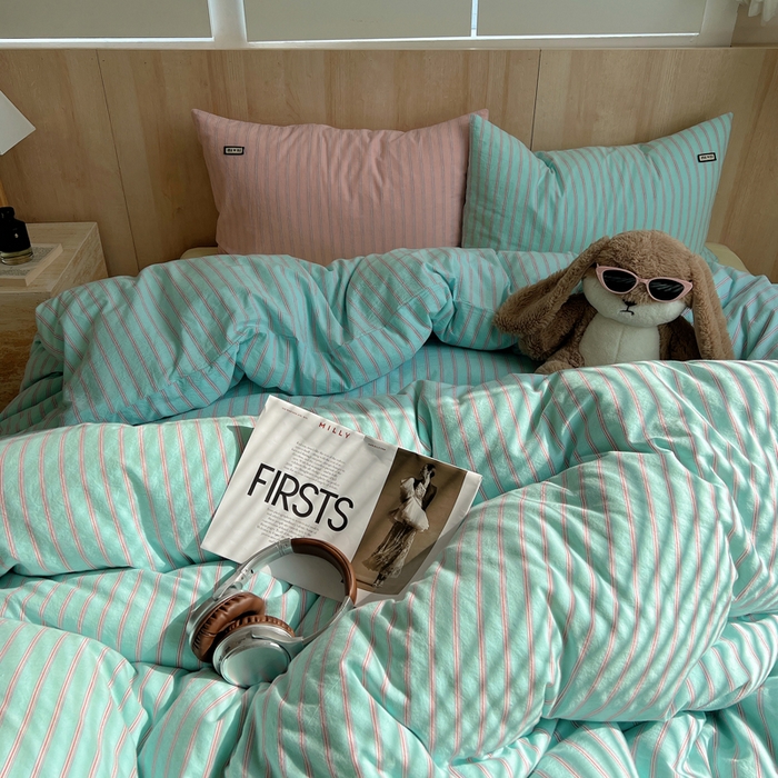 91家纺网 家纺一手货源 找家纺 玛奇朵 2024新款多巴胺INS博主同款全棉色织条纹混搭-布拉格 布拉格-蓝