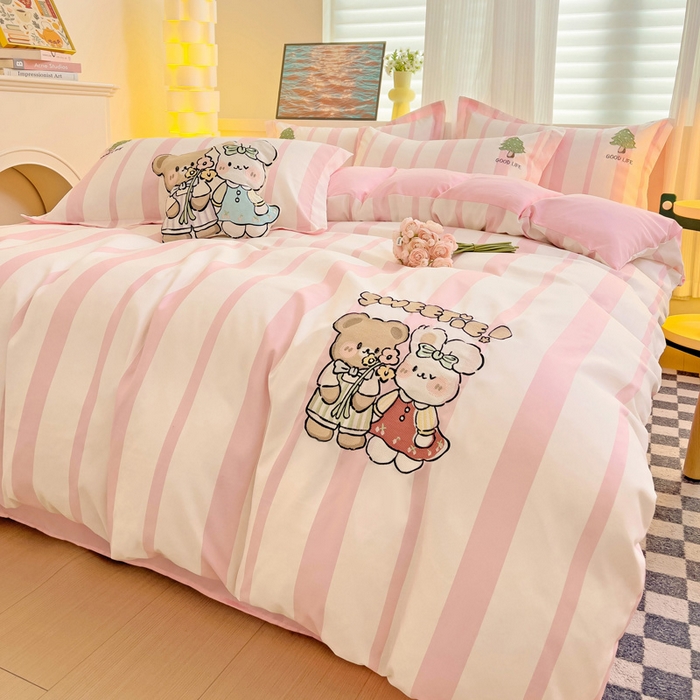 91家纺网 家纺一手货源 找家纺 娜娜 2024新款磨毛水洗棉刺绣四件套 	 快乐伙伴-粉