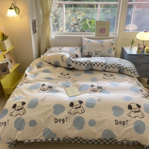 91家纺网 家纺一手货源 找家纺 雅居纺 2024新款高密全棉13070印花四件套 欢乐小狗