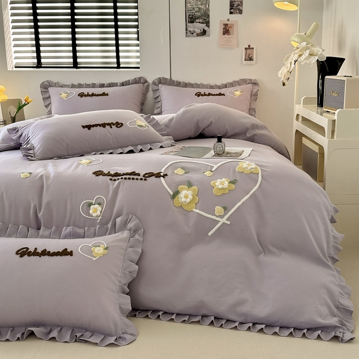 91家纺网 家纺一手货源 找家纺 金米诺 2024新款水洗磨毛花边四件套夏被四件套-蜜恋 蜜恋-烟紫