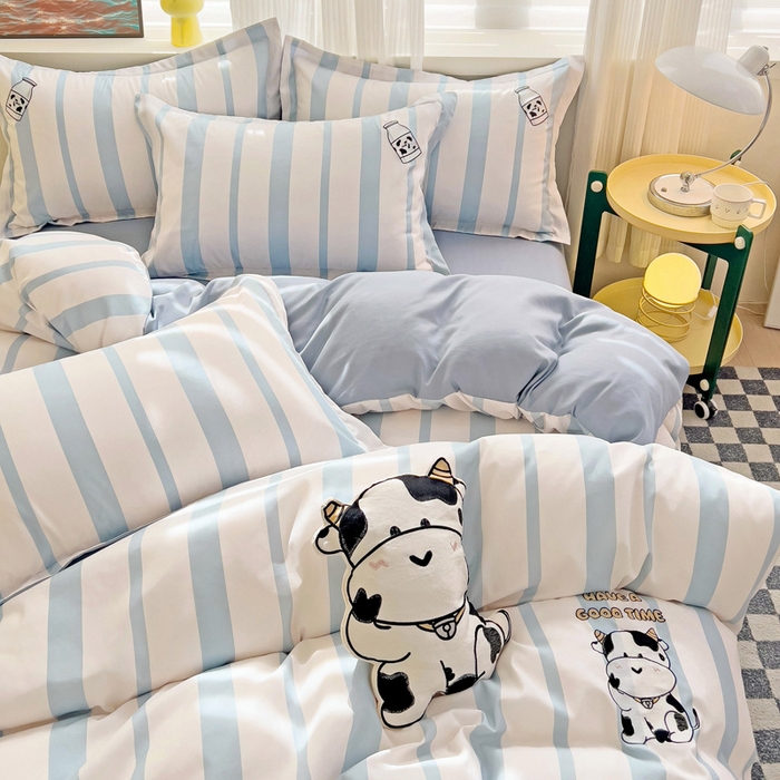 91家纺网 家纺一手货源 找家纺 娜娜 2024新款磨毛水洗棉刺绣四件套 	 牛牛怪-蓝