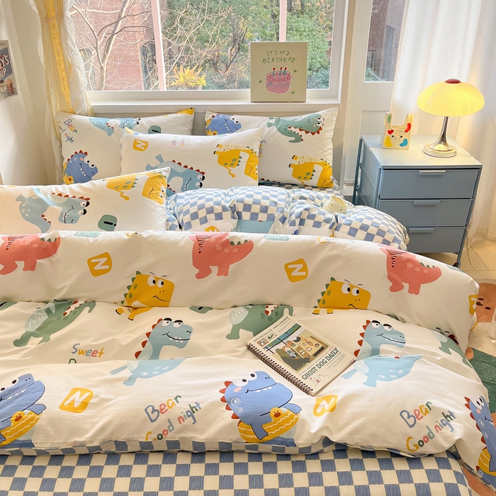 91家纺网 家纺一手货源 找家纺 雅居纺 2024新款高密全棉13070印花四件套 恐龙家族