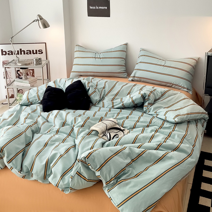 91家纺网 家纺一手货源 找家纺 梦家居 2024新款春季新品北欧简约风四件套 蓝桔宽条