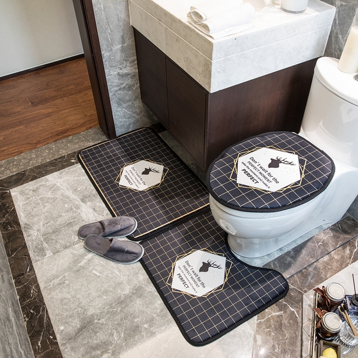 91家纺网 家纺一手货源 找家纺 爵仕家纺 2024新款网销款卫浴三件套地垫马桶盖 黑格鹿