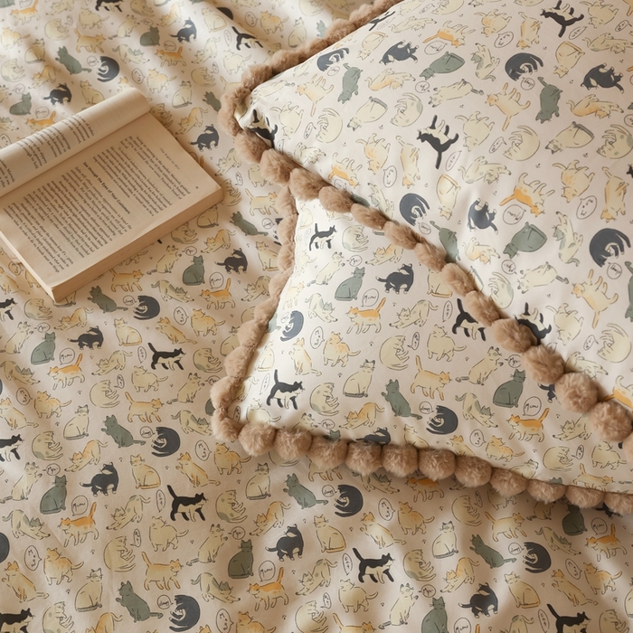 91家纺网 家纺一手货源 找家纺 棉眠 2024新款AB版毛球款棉加绒四件套 猫屋（棉加绒）