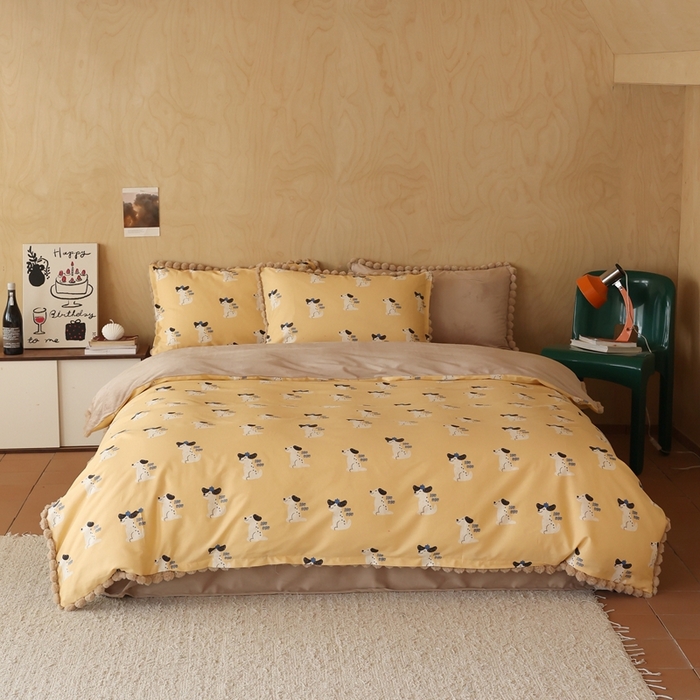 91家纺网 家纺一手货源 找家纺 棉眠 2024新款AB版毛球款棉加绒四件套 小狗波波（棉加绒）