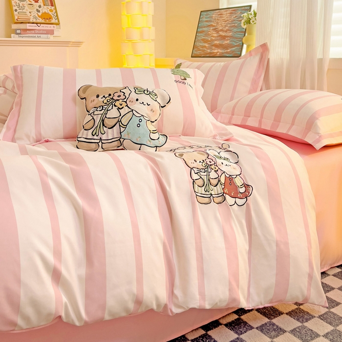 91家纺网 家纺一手货源 找家纺 娜娜 2024新款磨毛水洗棉刺绣四件套 	 快乐伙伴-粉