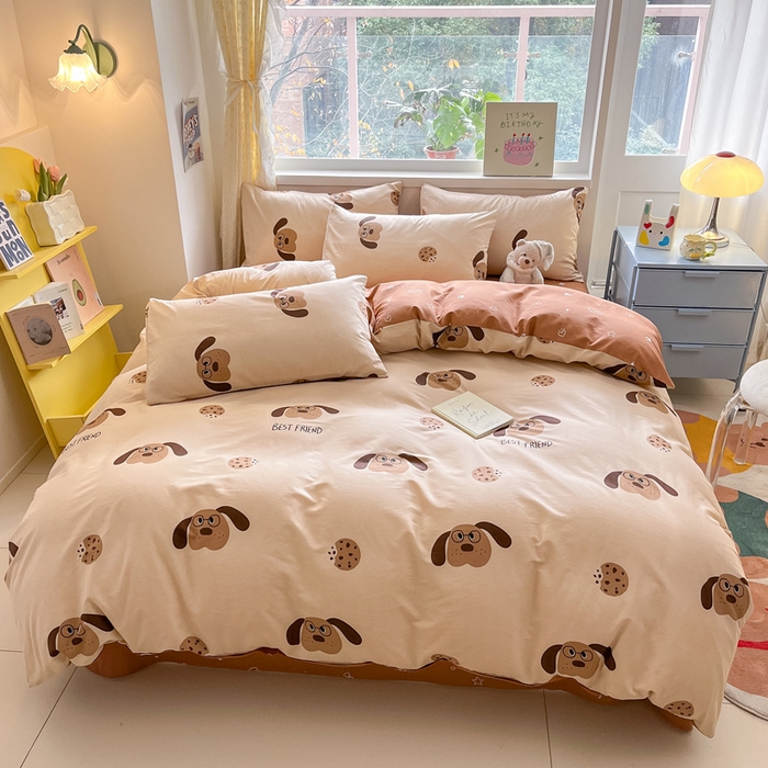 91家纺网 家纺一手货源 找家纺 雅居纺 2024新款高密全棉13070印花四件套 曲奇小狗