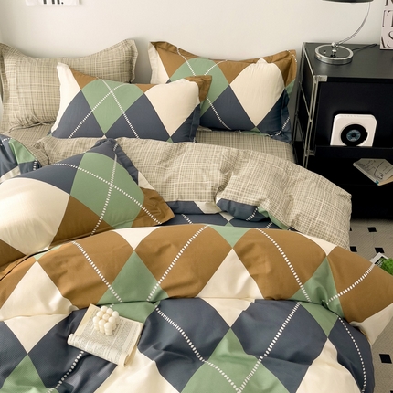 盛馨家纺 2024新款全棉高支高密精梳棉北欧绅士风四件套纯棉床笠格子条纹三件套 英伦