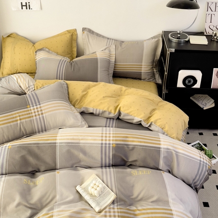 盛馨家纺 2024新款全棉高支高密精梳棉北欧绅士风四件套纯棉床笠格子条纹三件套 莫妮卡