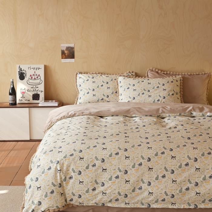 91家纺网 家纺一手货源 找家纺 棉眠 2024新款AB版毛球款棉加绒四件套 猫屋（棉加绒）