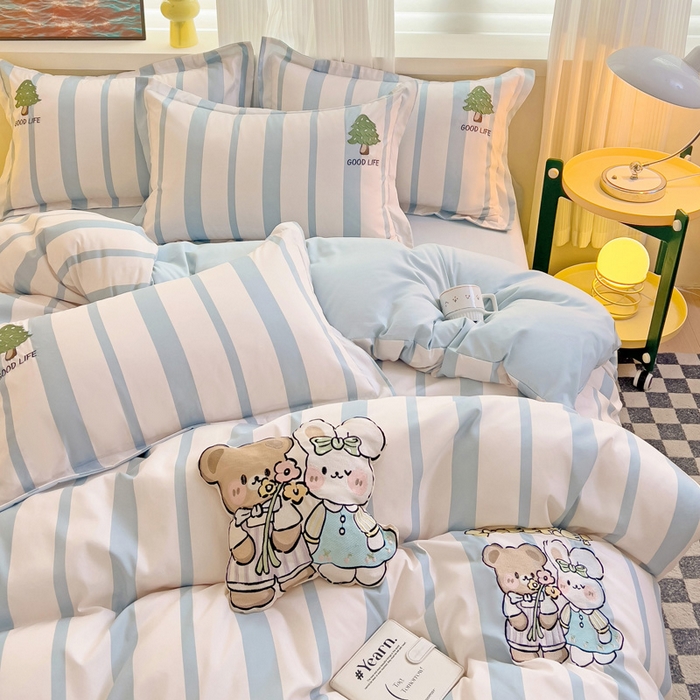 91家纺网 家纺一手货源 找家纺 娜娜 2024新款磨毛水洗棉刺绣四件套 	 快乐伙伴-蓝