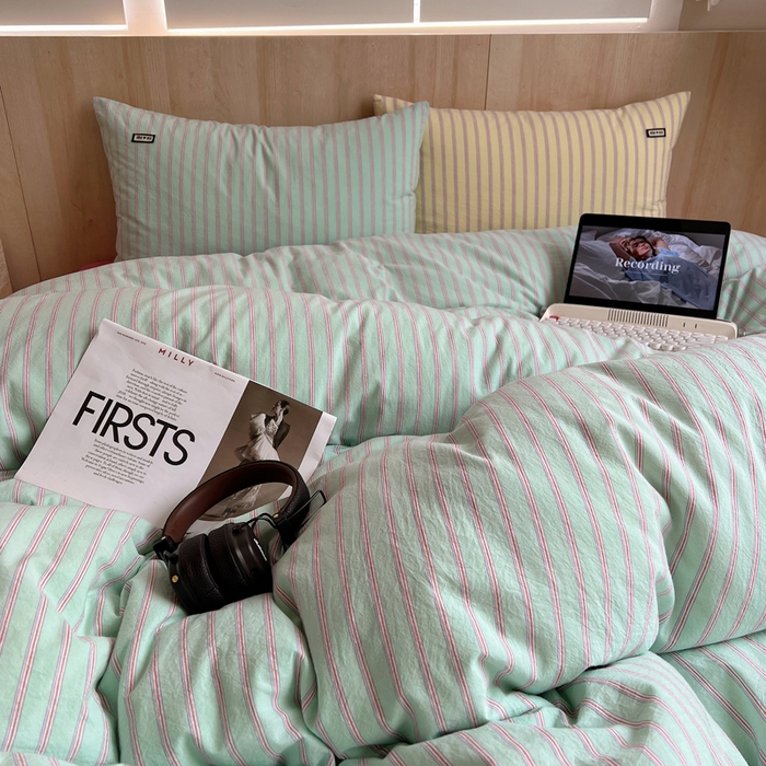 91家纺网 家纺一手货源 找家纺 玛奇朵 2024新款多巴胺INS博主同款全棉色织条纹混搭-布拉格 布拉格-绿