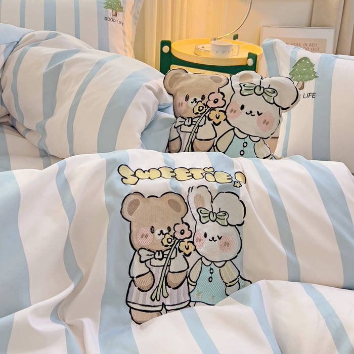 91家纺网 家纺一手货源 找家纺 娜娜 2024新款磨毛水洗棉刺绣四件套 	 快乐伙伴-蓝