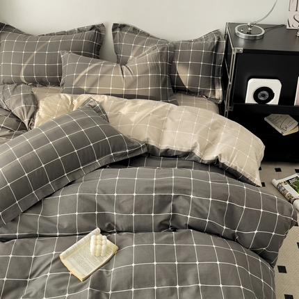 91家纺网 家纺一手货源 找家纺 盛馨家纺 2024新款全棉高支高密精梳棉北欧绅士风四件套纯棉床笠格子条纹三件套 深灰小格