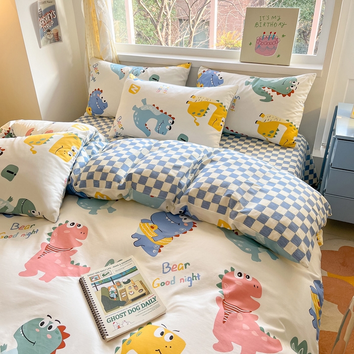 91家纺网 家纺一手货源 找家纺 雅居纺 2024新款高密全棉13070印花四件套 恐龙家族