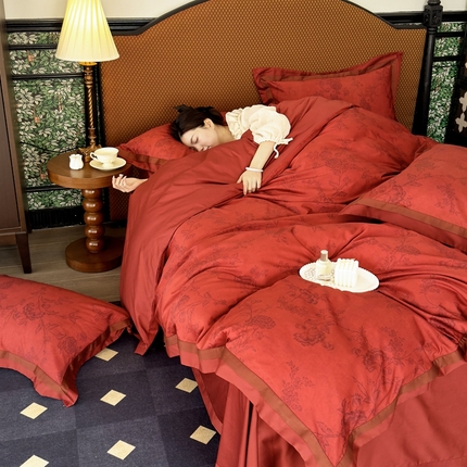 91家纺网 家纺一手货源 找家纺 由丽家纺 2025新款数码印花四件套-婚嫁系列 雾月-红