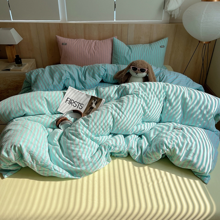 91家纺网 家纺一手货源 找家纺 玛奇朵 2024新款多巴胺INS博主同款全棉色织条纹混搭-布拉格 布拉格-蓝