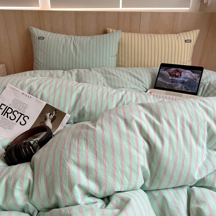 91家纺网 家纺一手货源 找家纺 玛奇朵 2024新款多巴胺INS博主同款全棉色织条纹混搭-布拉格 布拉格-绿