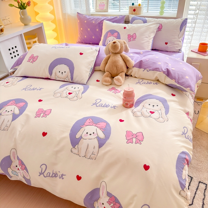 91家纺网 家纺一手货源 找家纺 清雅福 2024新款全棉13372小清新四件套-第三季 兔小萌