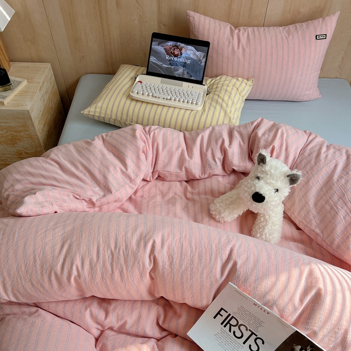 91家纺网 家纺一手货源 找家纺 玛奇朵 2024新款多巴胺INS博主同款全棉色织条纹混搭-布拉格 布拉格-粉