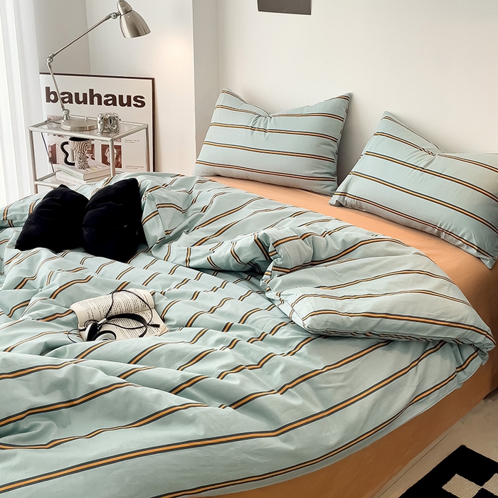 91家纺网 家纺一手货源 找家纺 梦家居 2024新款春季新品北欧简约风四件套 蓝桔宽条