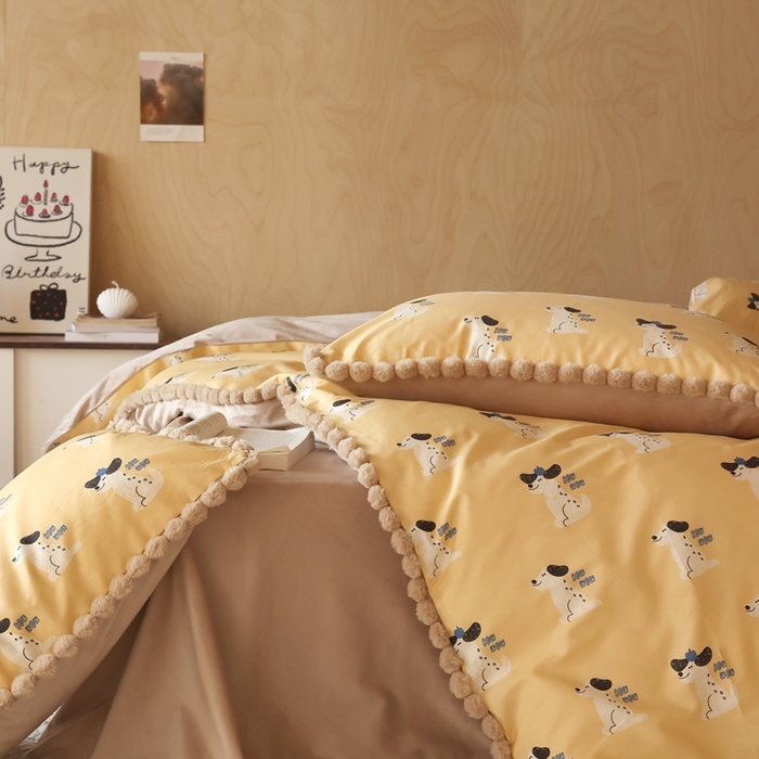 91家纺网 家纺一手货源 找家纺 棉眠 2024新款AB版毛球款棉加绒四件套 小狗波波（棉加绒）