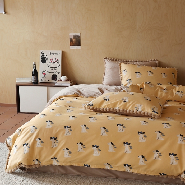 91家纺网 家纺一手货源 找家纺 棉眠 2024新款AB版毛球款棉加绒四件套 小狗波波（棉加绒）