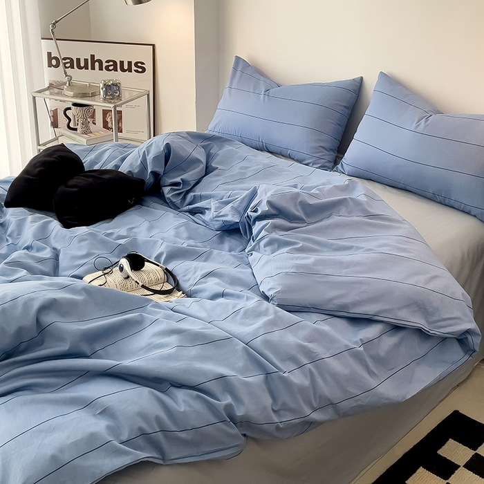 91家纺网 家纺一手货源 找家纺 梦家居 2024新款春季新品北欧简约风四件套 宽条浅蓝