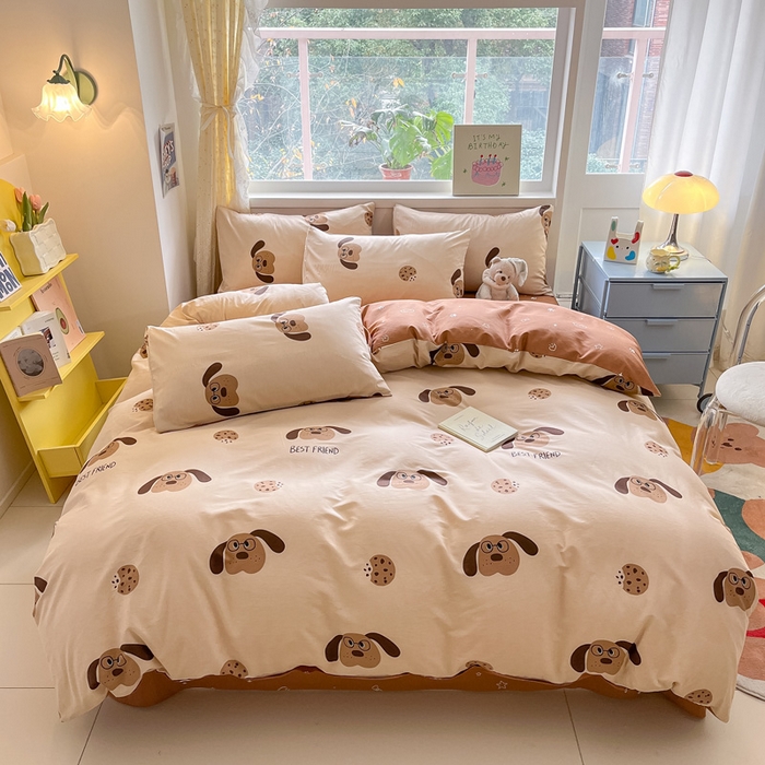 91家纺网 家纺一手货源 找家纺 雅居纺 2024新款高密全棉13070印花四件套 曲奇小狗