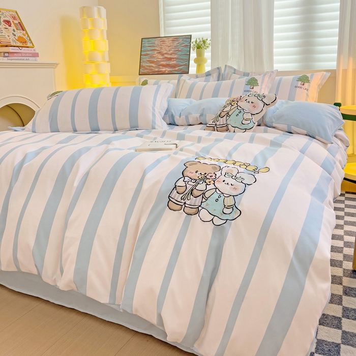 91家纺网 家纺一手货源 找家纺 娜娜 2024新款磨毛水洗棉刺绣四件套 	 快乐伙伴-蓝