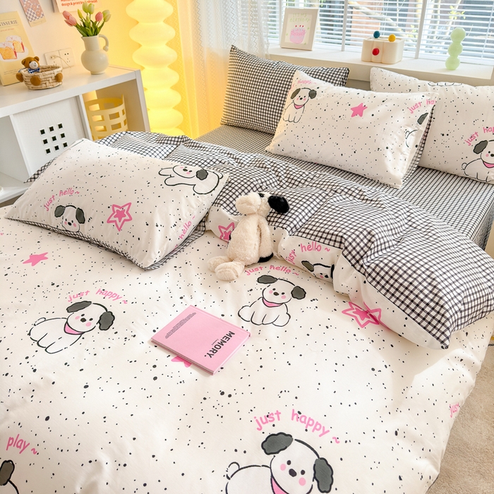 91家纺网 家纺一手货源 找家纺 清雅福 2024新款全棉13372小清新四件套-第三季 布丁狗