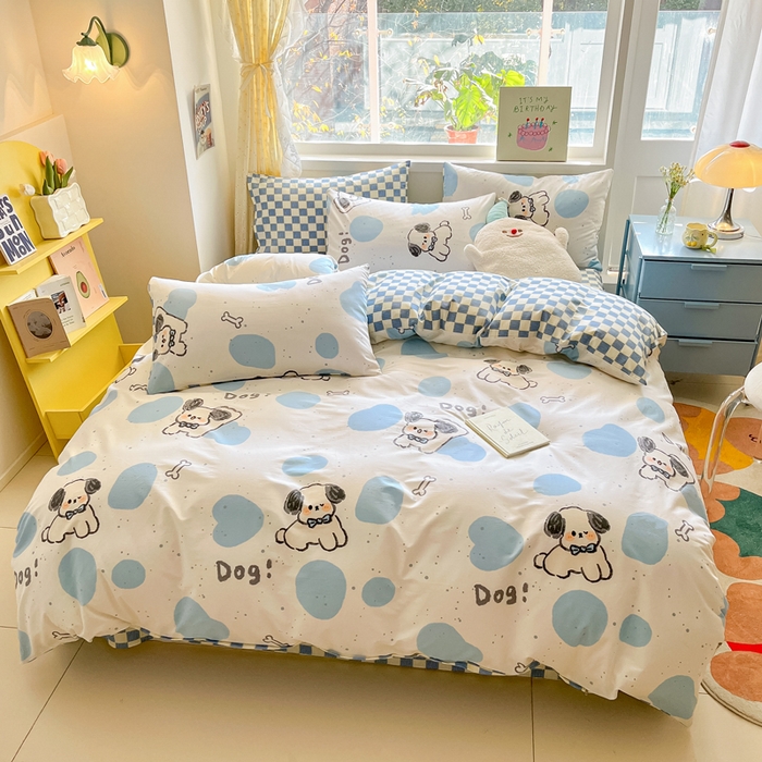 91家纺网 家纺一手货源 找家纺 雅居纺 2024新款高密全棉13070印花四件套 欢乐小狗