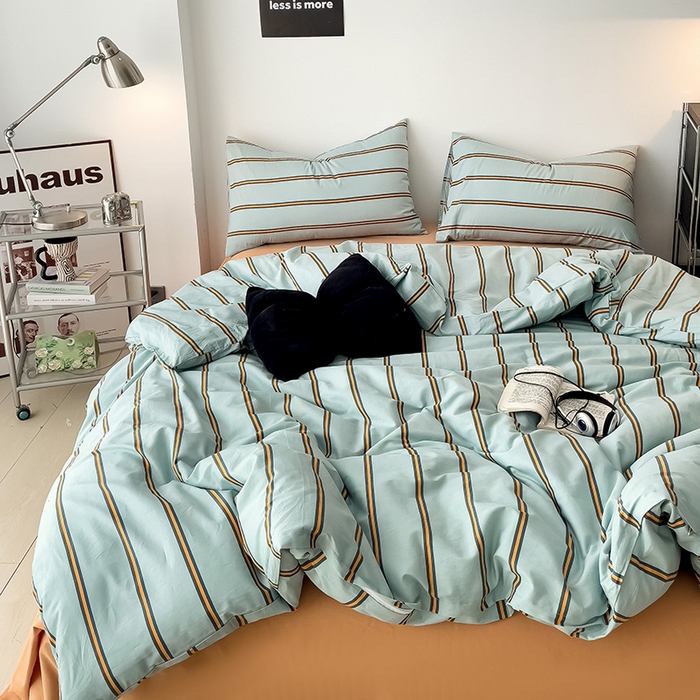 91家纺网 家纺一手货源 找家纺 梦家居 2024新款春季新品北欧简约风四件套 蓝桔宽条