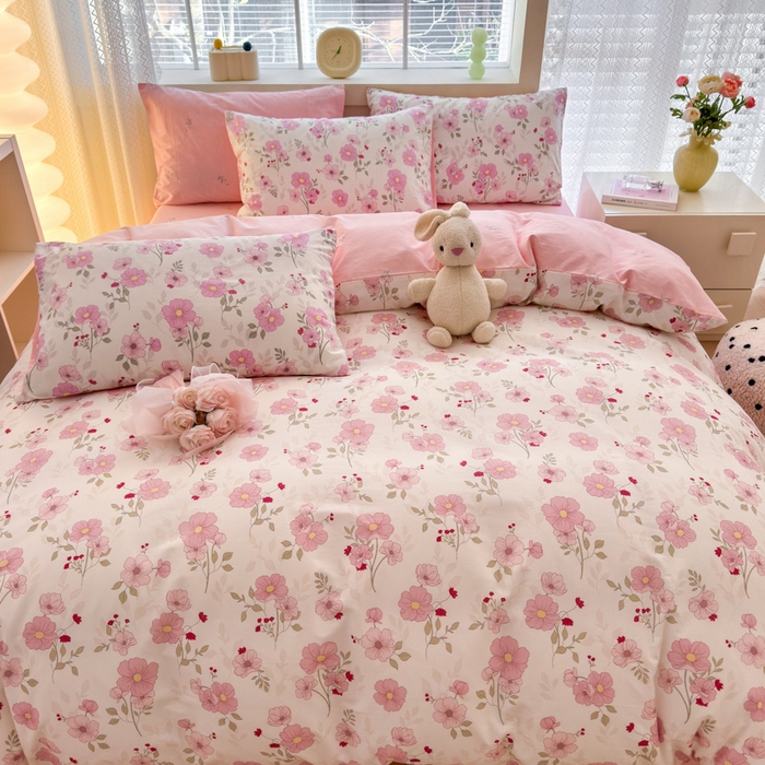 91家纺网 家纺一手货源 找家纺 清雅福 2024新款全棉13372小清新四件套-第三季 花漫蹊粉