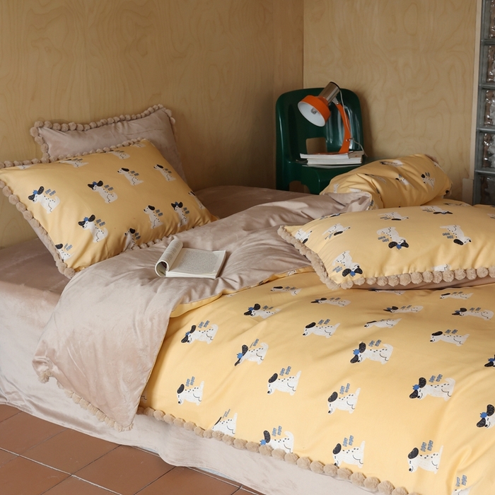 91家纺网 家纺一手货源 找家纺 棉眠 2024新款AB版毛球款棉加绒四件套 小狗波波（棉加绒）