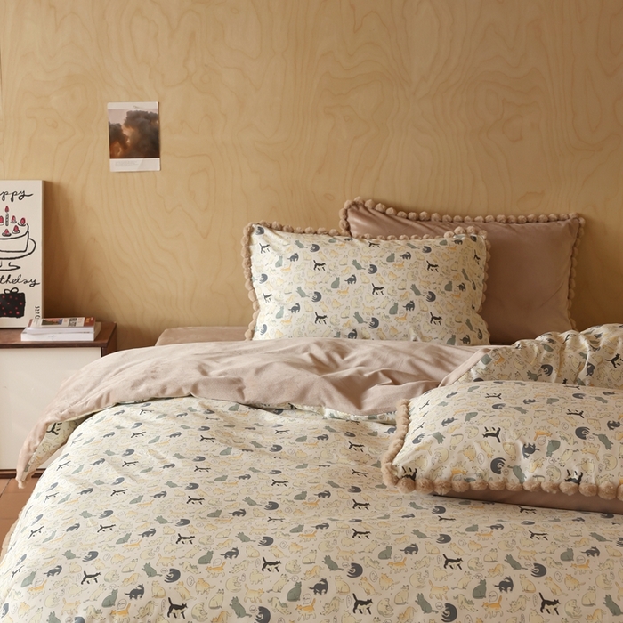 91家纺网 家纺一手货源 找家纺 棉眠 2024新款AB版毛球款棉加绒四件套 猫屋（棉加绒）