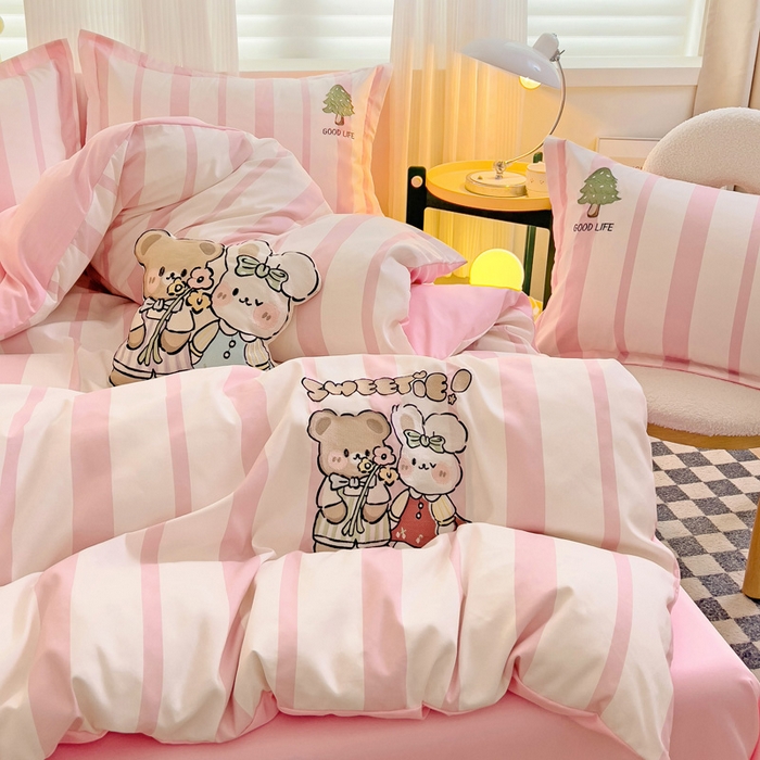 91家纺网 家纺一手货源 找家纺 娜娜 2024新款磨毛水洗棉刺绣四件套 	 快乐伙伴-粉