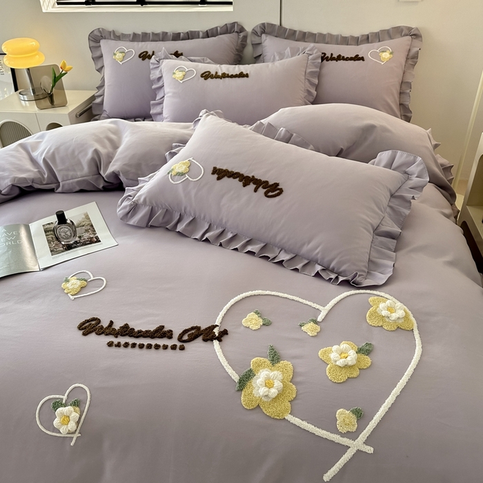 91家纺网 家纺一手货源 找家纺 金米诺 2024新款水洗磨毛花边四件套夏被四件套-蜜恋 蜜恋-烟紫