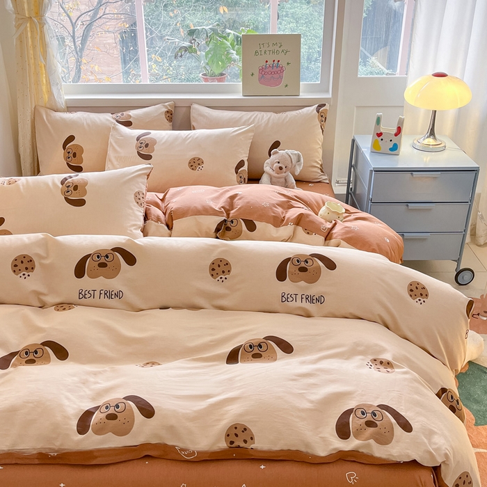 91家纺网 家纺一手货源 找家纺 雅居纺 2024新款高密全棉13070印花四件套 曲奇小狗