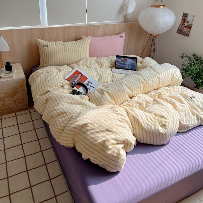 91家纺网 家纺一手货源 找家纺 玛奇朵 2024新款多巴胺INS博主同款全棉色织条纹混搭-布拉格 布拉格-黄